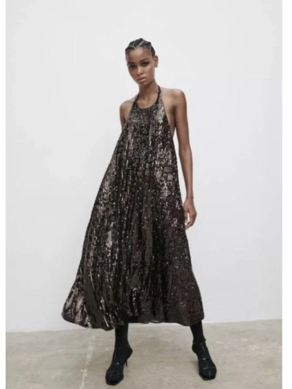 ZARA Chocolate Brown Sequin Halter Dress X-Small